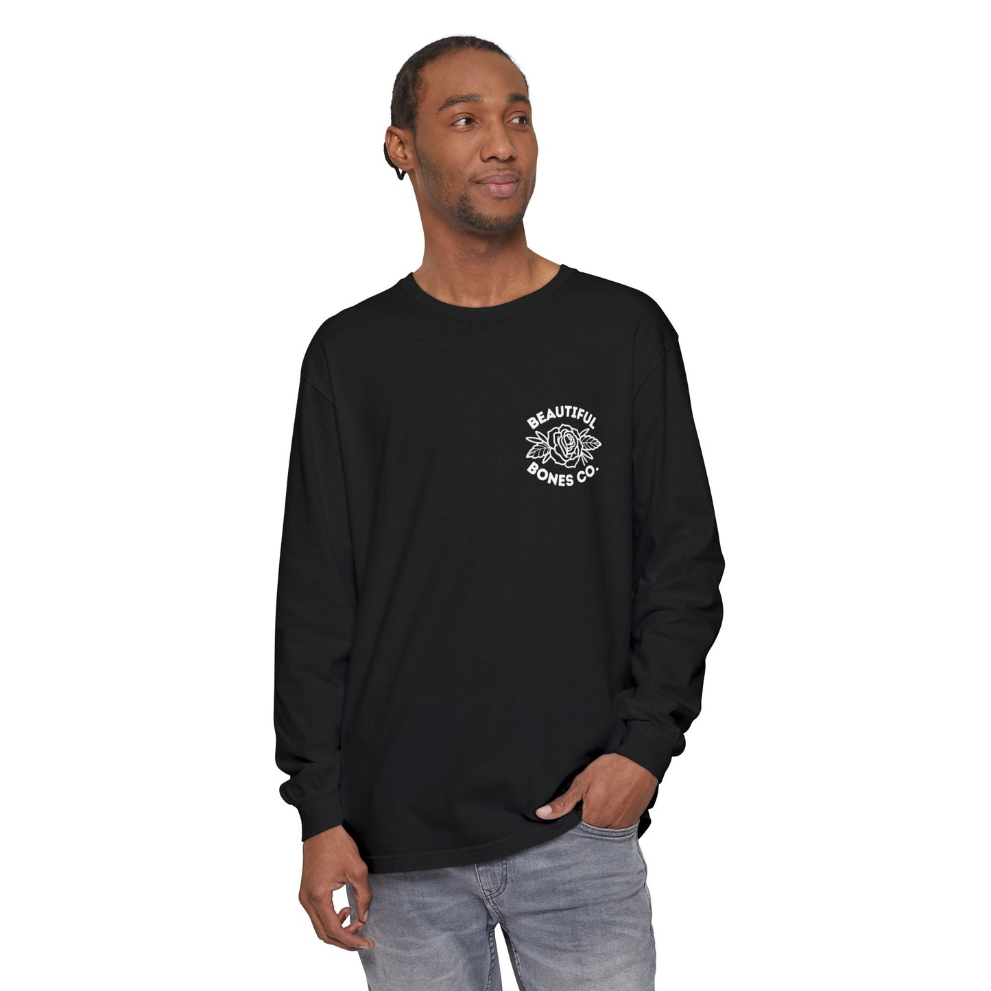 Find Somene Who Grows Flowers in the Darkest Parts of You Comfort Colors Long Sleeve T Shirt (white lettering)