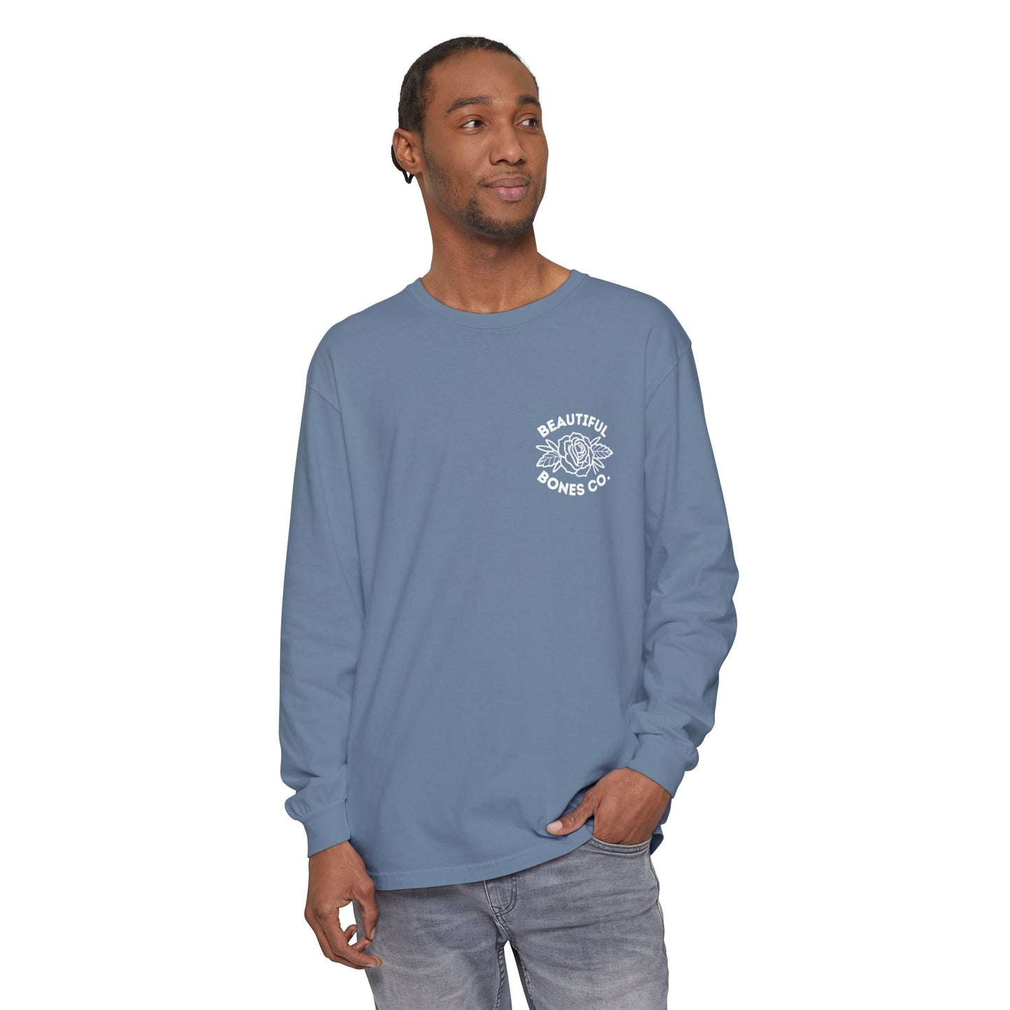 Find Somene Who Grows Flowers in the Darkest Parts of You Comfort Colors Long Sleeve T Shirt (white lettering)