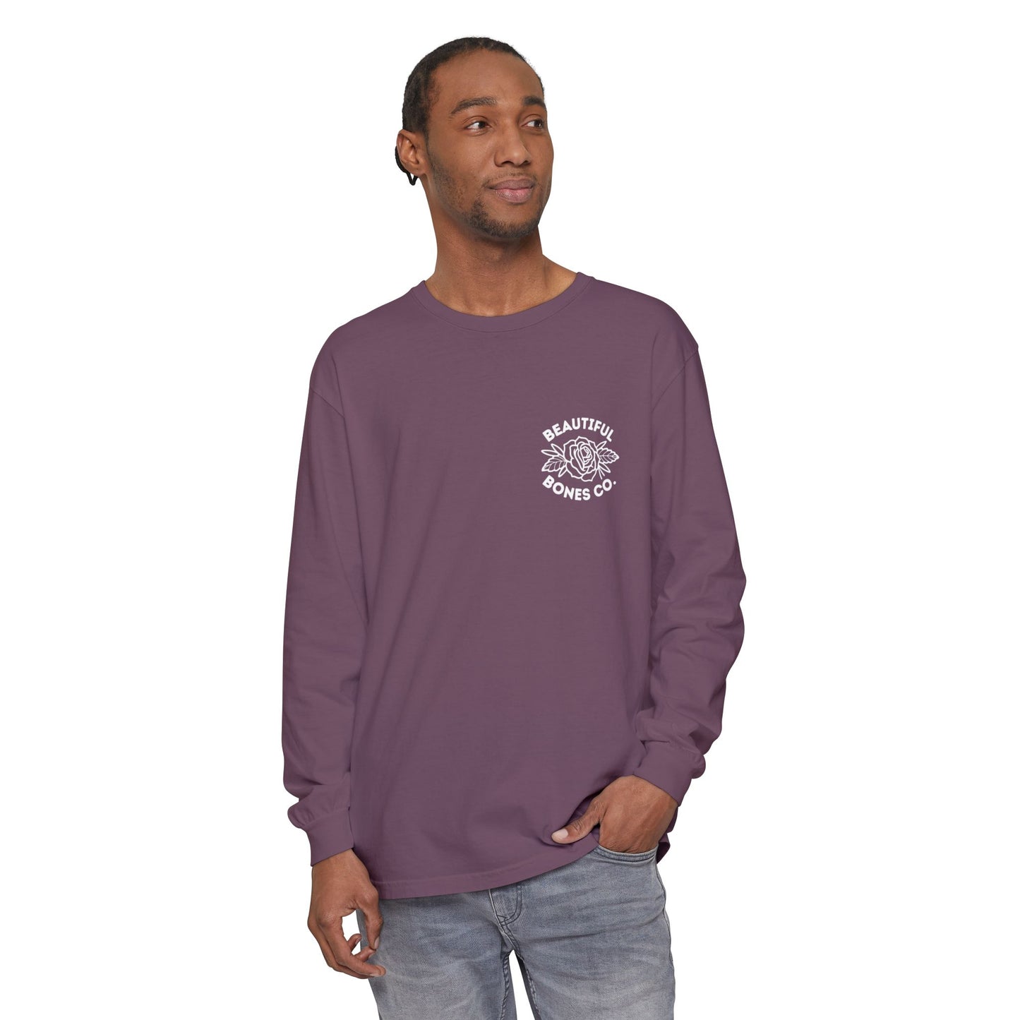 Find Somene Who Grows Flowers in the Darkest Parts of You Comfort Colors Long Sleeve T Shirt (white lettering)